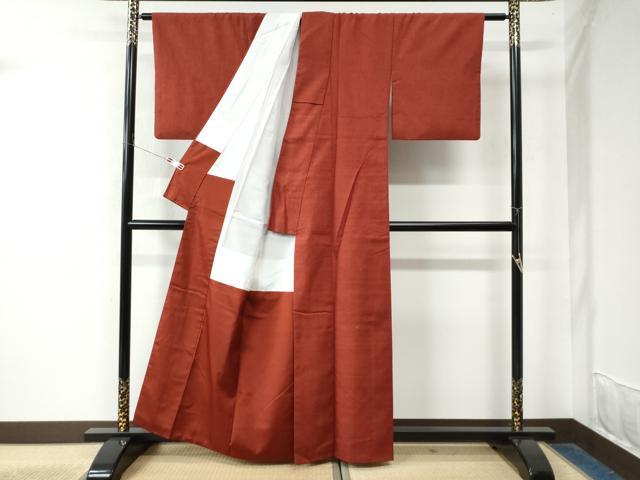 平和屋着物●結城紬 色無地 臙脂色 正絹 逸品 CAAW7951yc