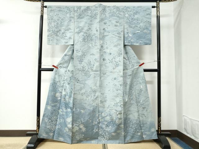 平和屋着物●小林文次郎　訪問着　紬地　流水籬草花文　正絹　逸品　CABE2757yc