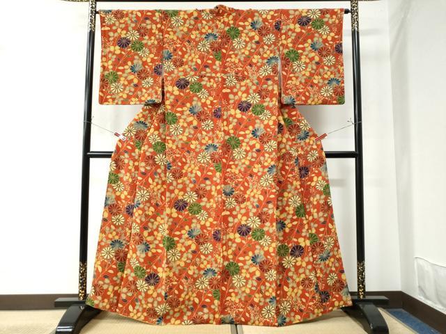 平和屋着物●上質な小紋 型染め 枝菊文 鬼しぼ縮緬 正絹 逸品 CAAW7995yc