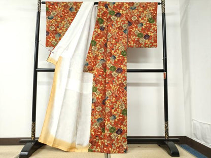 平和屋着物●上質な小紋 型染め 枝菊文 鬼しぼ縮緬 正絹 逸品 CAAW7995yc