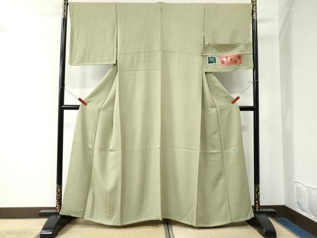 平和屋着物●京加賀友禅 百貫達雄 色無地 百貫百選 加賀乃梅染 松竹梅地紋 抹茶色 反端付き 正絹 逸品 未使用 CAAW8030yc