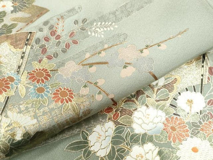 平和屋着物●訪問着 扇面吉祥草花文 金彩 正絹 逸品 CAAW8162yc