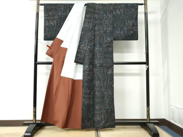 平和屋着物●本場大島紬　9マルキ　エジプト壁画更紗花唐草文　正絹　逸品　CAAW8324yc