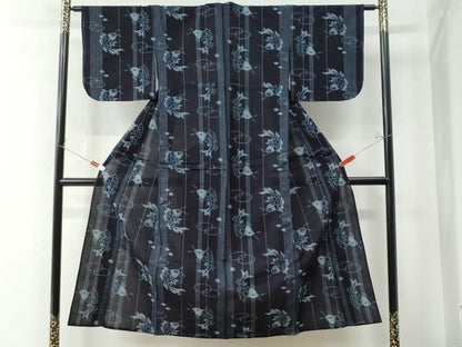 平和屋着物●久留米絣　単衣　魚　縞　綿　逸品　CAAW8362yc