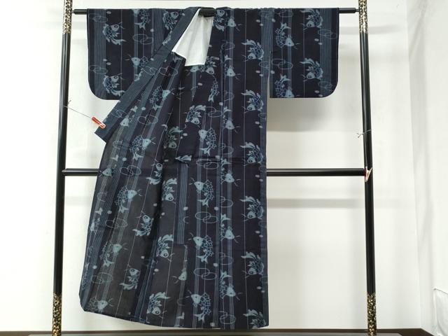 平和屋着物●久留米絣　単衣　魚　縞　綿　逸品　CAAW8362yc
