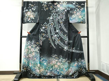 平和屋着物●訪問着 辻が花 絞り 暈し染め 黒地 金彩 正絹 逸品 CAAW8405yc