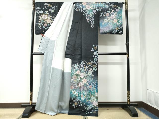 平和屋着物●訪問着 辻が花 絞り 暈し染め 黒地 金彩 正絹 逸品 CAAW8405yc