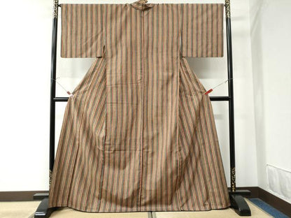 平和屋着物●上質な小紋 紬地 型染め 縞 正絹 逸品 CAAW8419yc