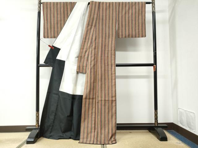 平和屋着物●上質な小紋 紬地 型染め 縞 正絹 逸品 CAAW8419yc