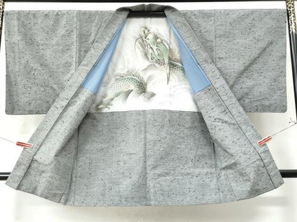 平和屋着物●男性 紬 髭紬羽織セット 色無地 灰青色 正絹 逸品 CAAW8478yc