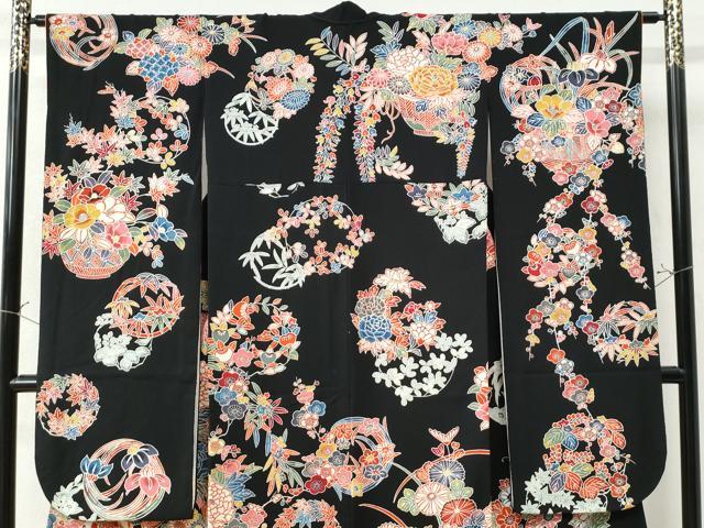 平和屋着物●豪華振袖 型染め 牡丹花車文 黒地 三越扱い 正絹 逸品 CAAW8492yc