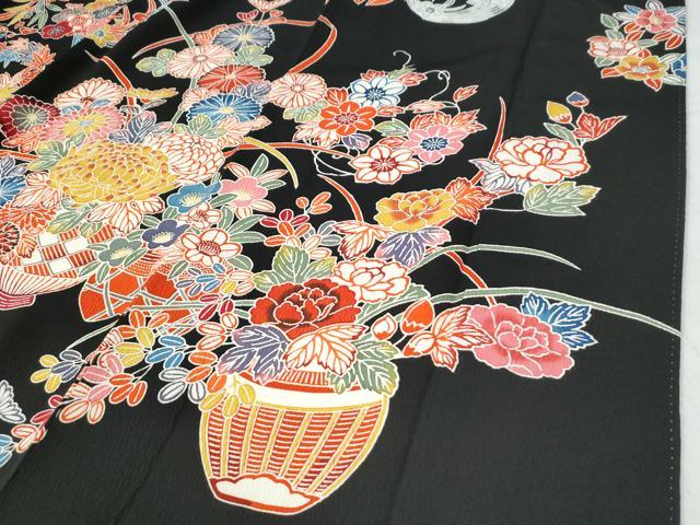 平和屋着物●豪華振袖 型染め 牡丹花車文 黒地 三越扱い 正絹 逸品 CAAW8492yc