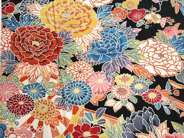 平和屋着物●豪華振袖 型染め 牡丹花車文 黒地 三越扱い 正絹 逸品 CAAW8492yc