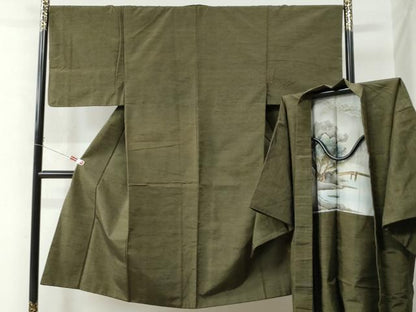平和屋着物●男性 紬 アンサンブル 色無地 海松色 正絹 逸品 CAAW8574yc