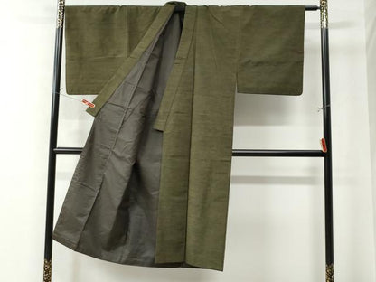 平和屋着物●男性 紬 アンサンブル 色無地 海松色 正絹 逸品 CAAW8574yc