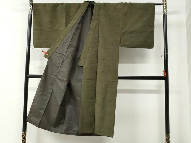 平和屋着物●男性 紬 アンサンブル 色無地 海松色 正絹 逸品 CAAW8574yc
