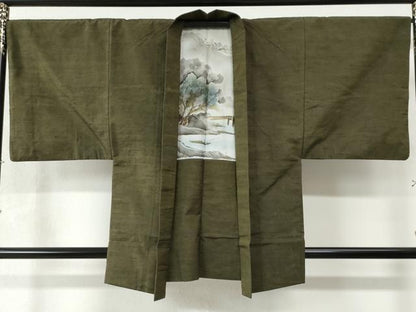 平和屋着物●男性 紬 アンサンブル 色無地 海松色 正絹 逸品 CAAW8574yc