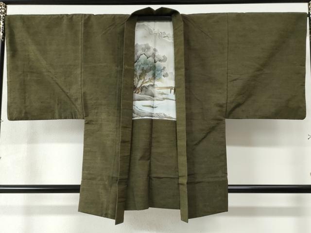 平和屋着物●男性 紬 アンサンブル 色無地 海松色 正絹 逸品 CAAW8574yc