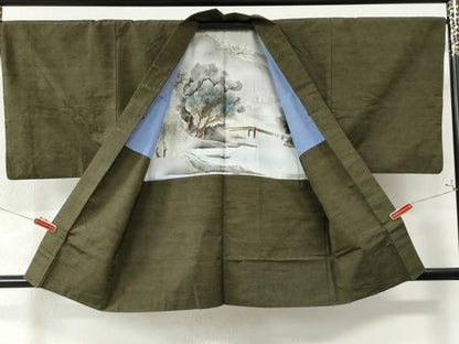 平和屋着物●男性 紬 アンサンブル 色無地 海松色 正絹 逸品 CAAW8574yc
