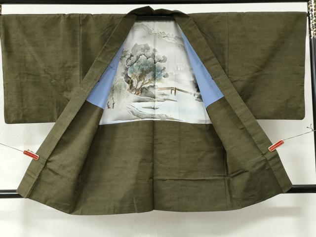 平和屋着物●男性 紬 アンサンブル 色無地 海松色 正絹 逸品 CAAW8574yc