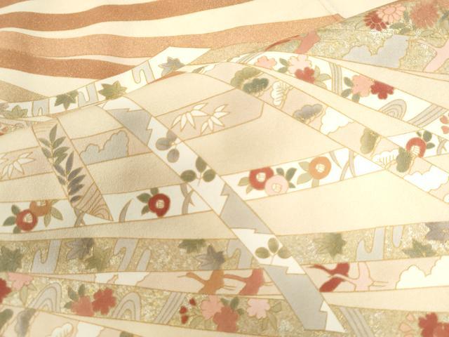 平和屋着物●訪問着 束ね熨斗飛鶴吉祥花文 金彩 正絹 逸品 CAAW8590yc