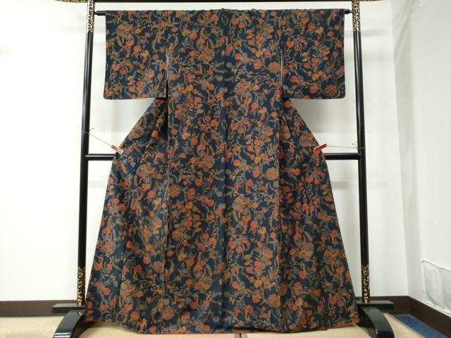 平和屋着物●上質な小紋　紬地　型染め　更紗花唐草文　正絹　逸品　未使用　CAAW8632yc