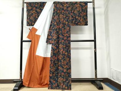 平和屋着物●上質な小紋　紬地　型染め　更紗花唐草文　正絹　逸品　未使用　CAAW8632yc