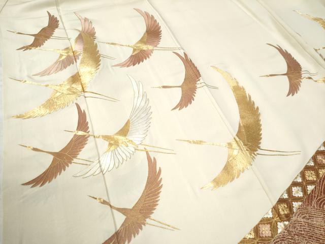 平和屋着物●豪華色留袖 駒刺繍 飛鶴立波七宝花菱文 金彩 三越扱い 正絹 逸品 CAAW8651yc