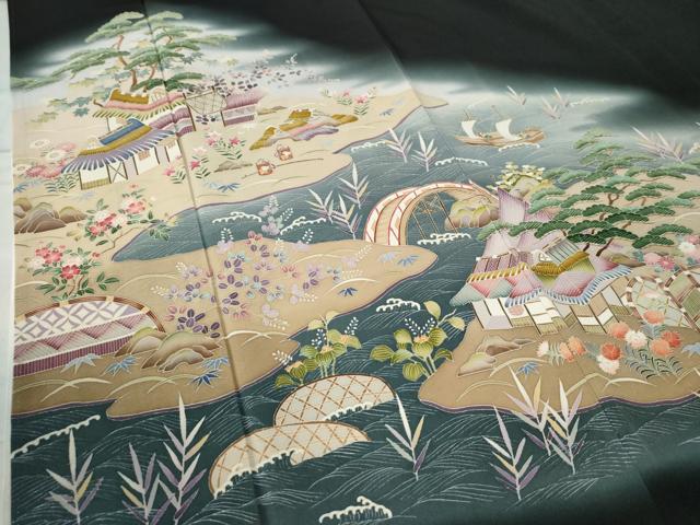 平和屋着物●本加賀友禅作家　中政雄　黒留袖　浜松渡り橋風景文　暈し染め　ロング丈　正絹　逸品　CAAW8656yc