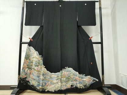 平和屋着物●本加賀友禅作家 谷崎善治 黒留袖 遠山水辺渡り橋風景文 正絹 逸品 CAAW8657yc