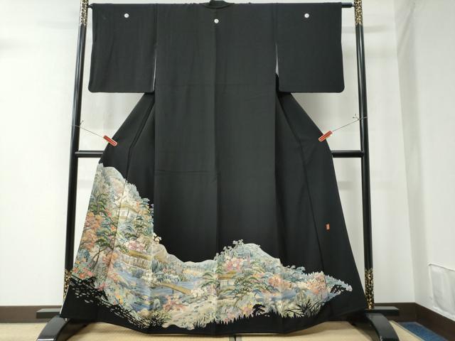 平和屋着物●本加賀友禅作家 谷崎善治 黒留袖 遠山水辺渡り橋風景文 正絹 逸品 CAAW8657yc