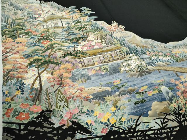 平和屋着物●本加賀友禅作家 谷崎善治 黒留袖 遠山水辺渡り橋風景文 正絹 逸品 CAAW8657yc