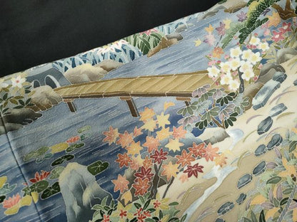 平和屋着物●本加賀友禅作家 谷崎善治 黒留袖 遠山水辺渡り橋風景文 正絹 逸品 CAAW8657yc
