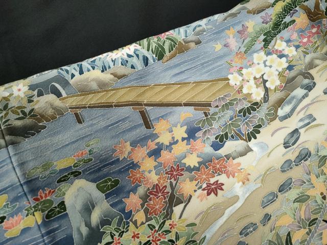平和屋着物●本加賀友禅作家 谷崎善治 黒留袖 遠山水辺渡り橋風景文 正絹 逸品 CAAW8657yc
