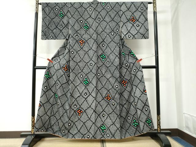 平和屋着物●上質な小紋 総絞り 網目吉祥文 黒地 正絹 逸品 CAAW8725yc