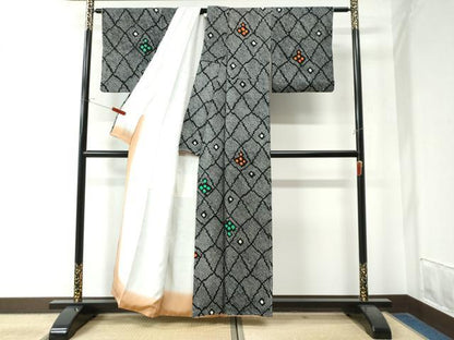 平和屋着物●上質な小紋 総絞り 網目吉祥文 黒地 正絹 逸品 CAAW8725yc