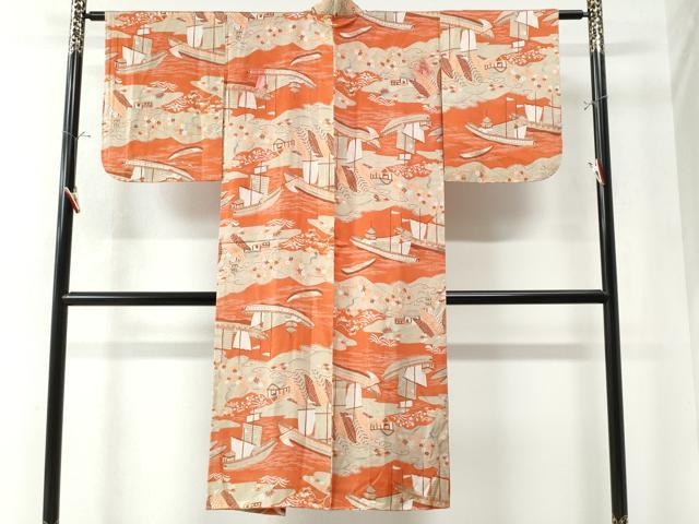 平和屋着物●アンティーク 大正ロマン 長襦袢 袷 帆船霞枝花文 正絹 逸品 CAAW8772yc