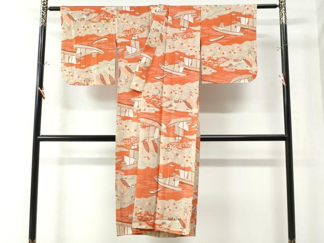 平和屋着物●アンティーク 大正ロマン 長襦袢 袷 帆船霞枝花文 正絹 逸品 CAAW8772yc