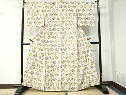 平和屋着物●上質な小紋　型染め　舞葉吉祥花文　正絹　逸品　CAAW8793yc