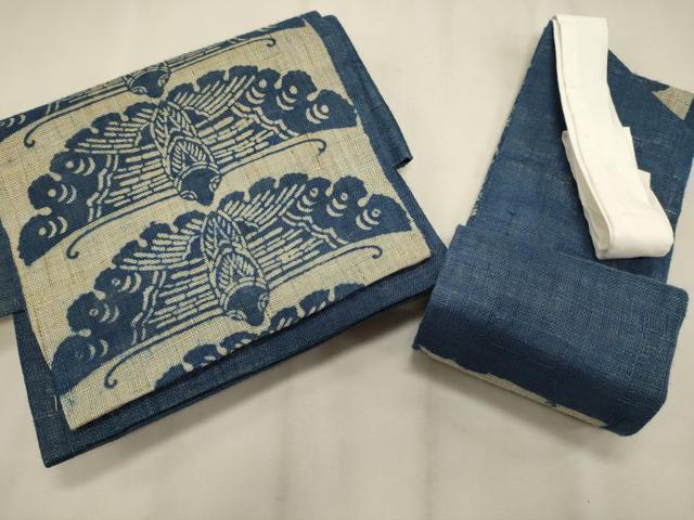 平和屋着物＊夏物 つけ帯 型染め 舞蝶文 麻 逸品 CAAW8802oy