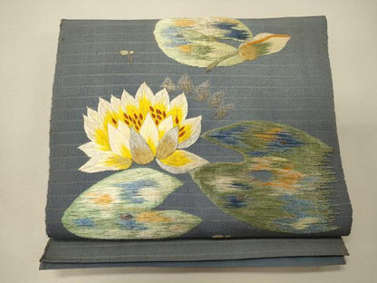 平和屋着物＊夏物 アンティーク 大正ロマン 八寸名古屋帯 一重帯 刺繍 蓮 金銀糸 正絹 逸品 CAAW8968oy