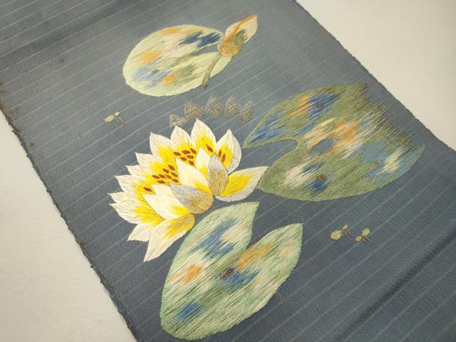 平和屋着物＊夏物 アンティーク 大正ロマン 八寸名古屋帯 一重帯 刺繍 蓮 金銀糸 正絹 逸品 CAAW8968oy