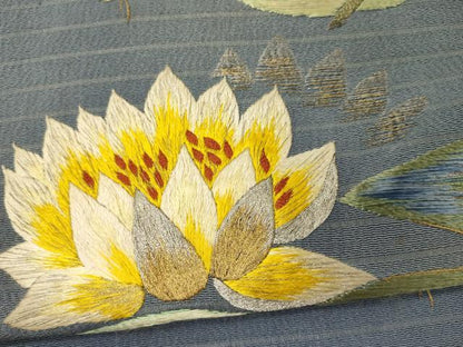 平和屋着物＊夏物 アンティーク 大正ロマン 八寸名古屋帯 一重帯 刺繍 蓮 金銀糸 正絹 逸品 CAAW8968oy
