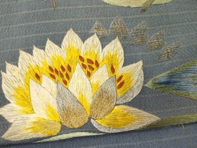 平和屋着物＊夏物 アンティーク 大正ロマン 八寸名古屋帯 一重帯 刺繍 蓮 金銀糸 正絹 逸品 CAAW8968oy
