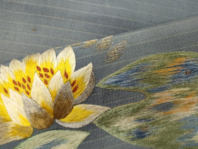 平和屋着物＊夏物 アンティーク 大正ロマン 八寸名古屋帯 一重帯 刺繍 蓮 金銀糸 正絹 逸品 CAAW8968oy