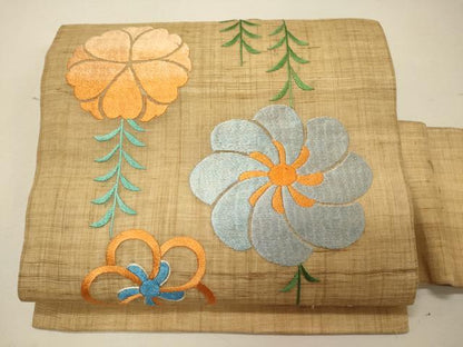 平和屋着物＊夏物 九寸名古屋帯 総刺繍 草花文 麻 逸品 CAAW8986oy