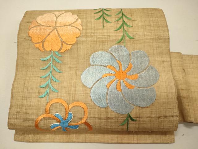 平和屋着物＊夏物 九寸名古屋帯 総刺繍 草花文 麻 逸品 CAAW8986oy