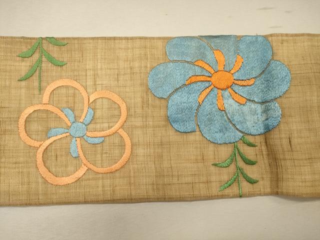 平和屋着物＊夏物 九寸名古屋帯 総刺繍 草花文 麻 逸品 CAAW8986oy
