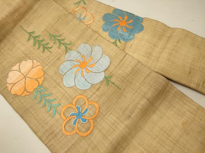 平和屋着物＊夏物 九寸名古屋帯 総刺繍 草花文 麻 逸品 CAAW8986oy
