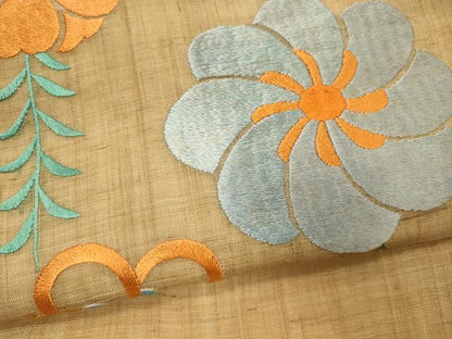 平和屋着物＊夏物 九寸名古屋帯 総刺繍 草花文 麻 逸品 CAAW8986oy